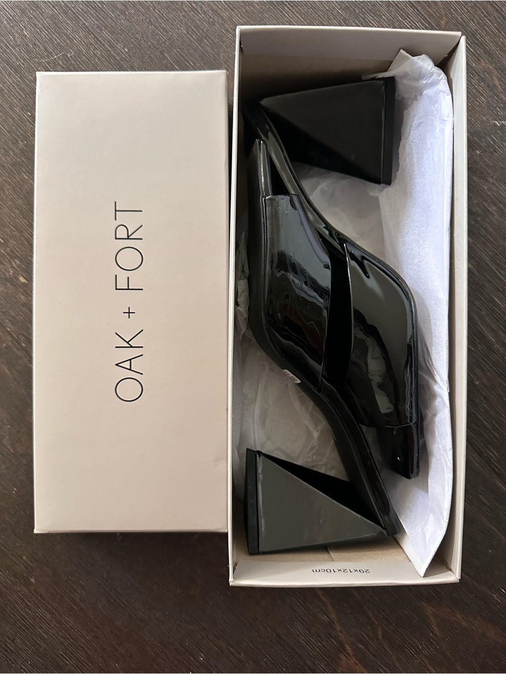 OAK + FORT Glossy Black Patent Sculptural Heel Mules